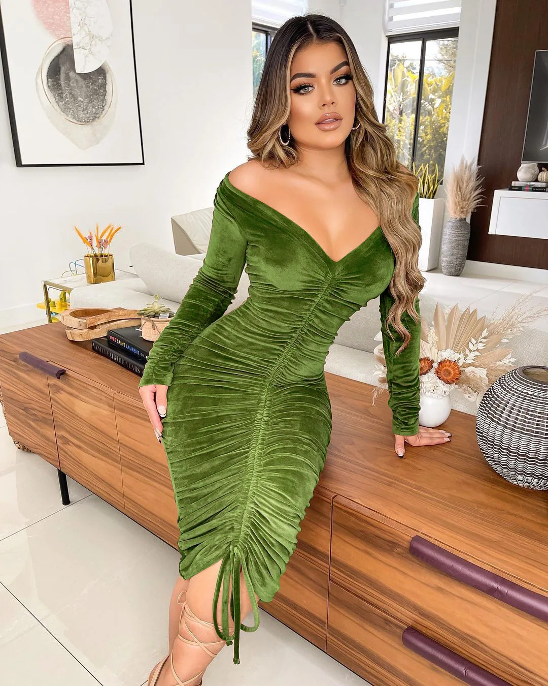 Sexy Velvet Drawstring Dress Women Autumn Winter One Shoulder V-neck Long Sleeve Slim Elastic Bodycon Midi Dresses Party Vestido a line dress