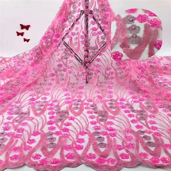 

2019 Nigeria Latest Design Beads Lace Fabric 5 Yards/pcs High Quality African Lace With Color Sequins For Party Dress