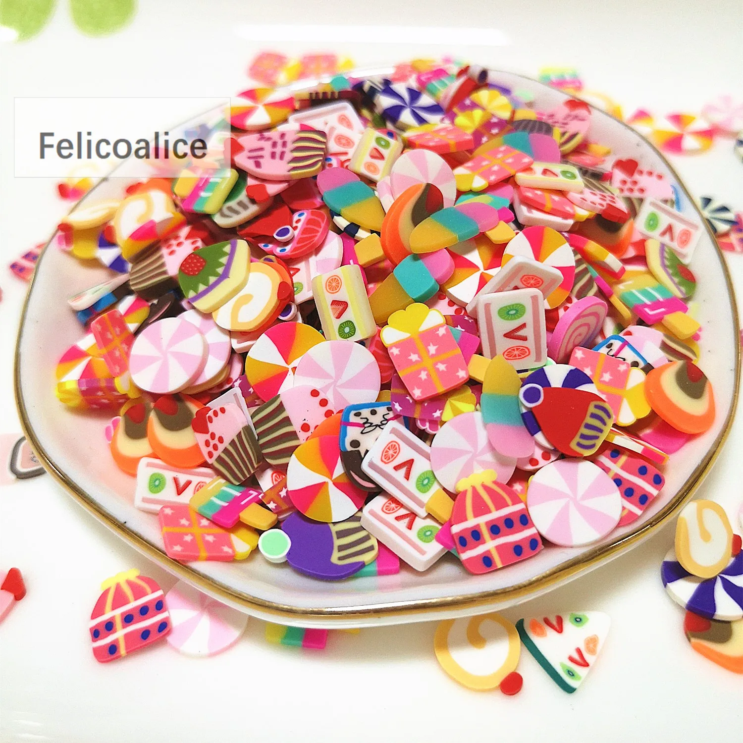 

500g/Lot Fruits Flower Animal Polymer Clay Sprinkles Plastic Klei Mud Particles Cake Heart Slices 10mm
