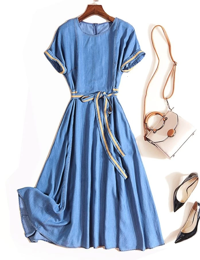 Tencel, джинсовое платье для женщин, весна, новинка, темперамент, круглый вырез, тонкое платье, vestidos de verano, сексуальное женское платье, Ретро стиль