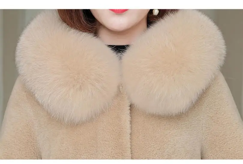 Women Autumn Winter Real Fox Fur Collar Natural Sheep Shearing Fur Coat Female Genuine Lambswool Jacket Abrigos Mujer N252
