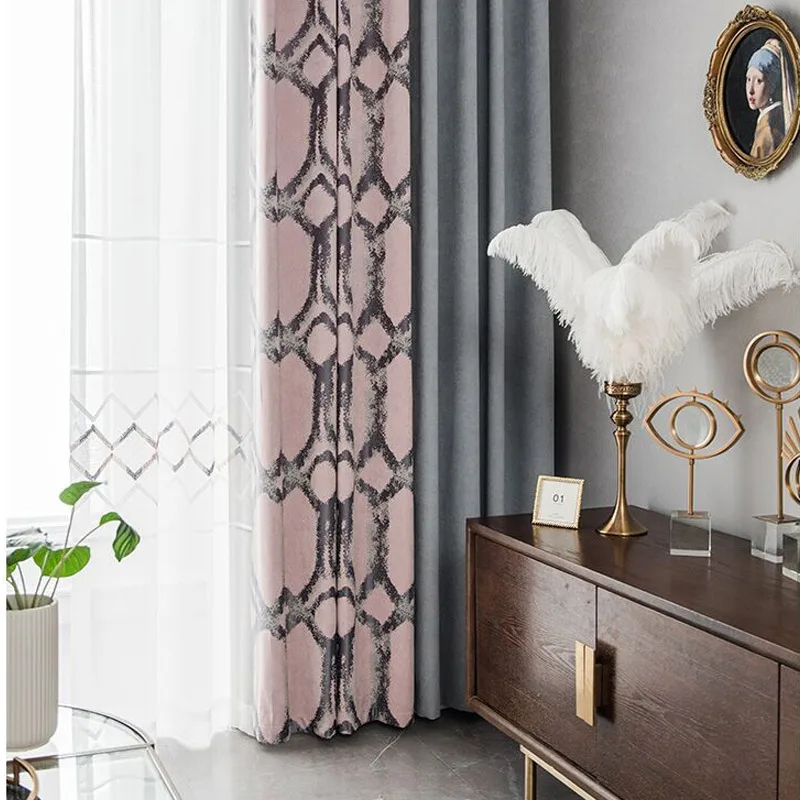 

Custom curtains High grade Nordic Color shade geometric matching pink blue thick bedroom blackout curtain M715