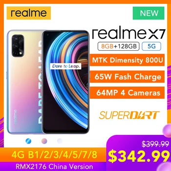 Перейти на Алиэкспресс и купить Realme X7 5G 8 ГБ ОЗУ 128 Гб ПЗУ MTK Dimensity 800U 65 Вт Superdart Fash Charge 64MP AI Quad Camera Multi Language Play Store