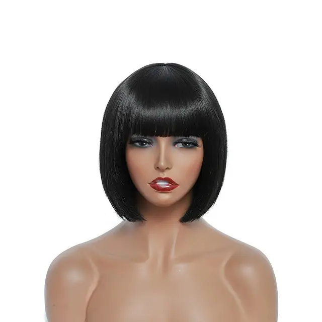 Short Bob Wig With Bangs Synthetic Wigs For Women Ombre Black Red Blonde Pink Lolita Cosplay Party Natural Hair Perruque Bob #1B