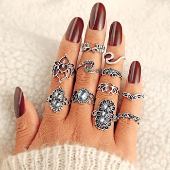 

IPARAM Bohemian Vintage Lotus Elephant Wave Ring Set For Women Statement Geometric Crystal Joint Ring Jewelry Wholesale