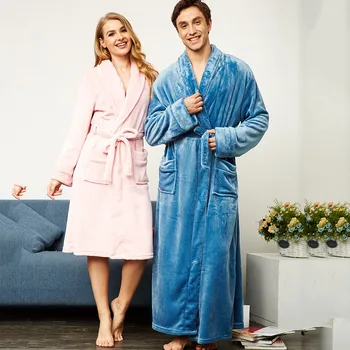 

Couple Long Sleeve Robe Flannel Kimono Gown Plus Size Male Casual Nightgown Winter Unisex Thick Warm Sleepwear Home Clothes