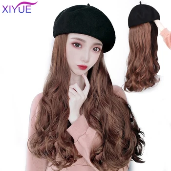 

XIYUE Long Wavy Hat Wig Black Brown Multicolor Wig And Hat Natural Connection Synthetic Hair Female Hair Extension Autumn Winter