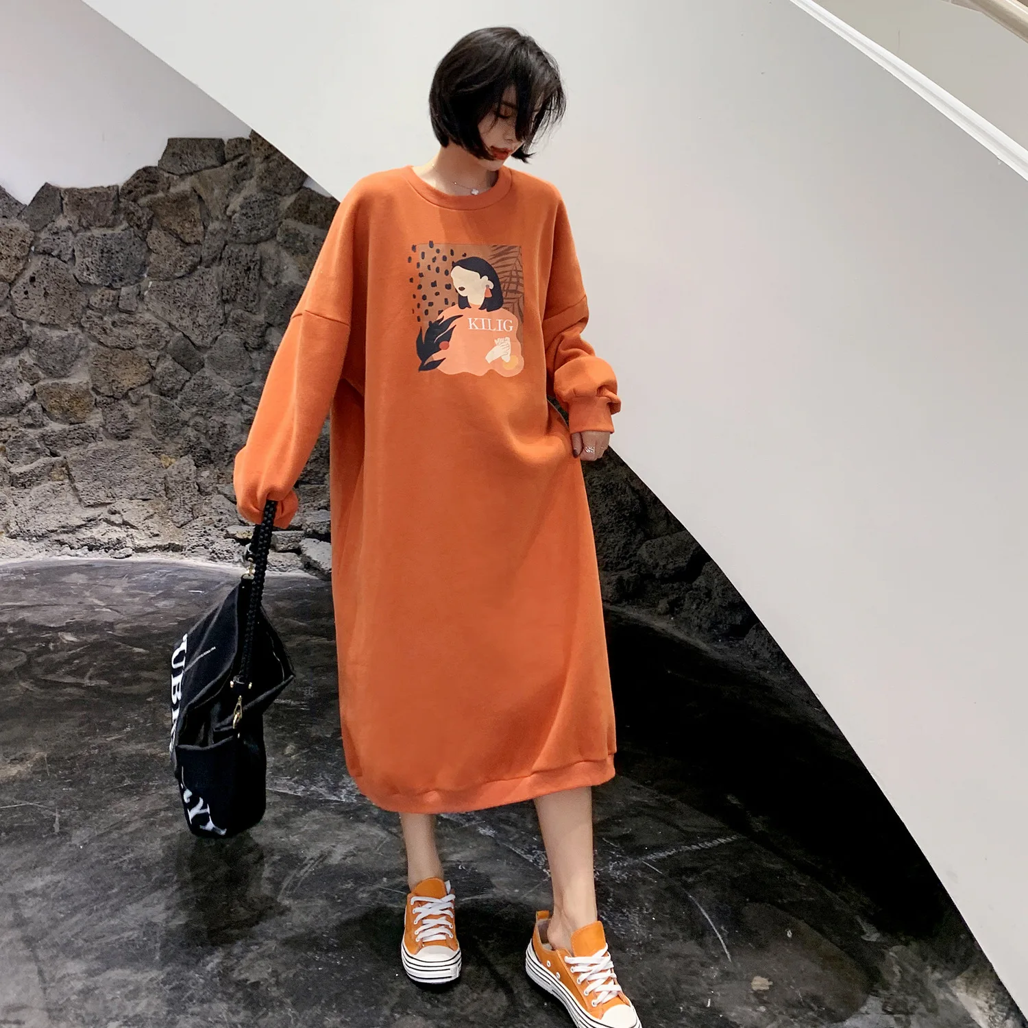 

2019 Autumn And Winter New Style Korean-style Loose-Fit Slimming Abstract Printed Long Brushed And Thick Hoodie Dress