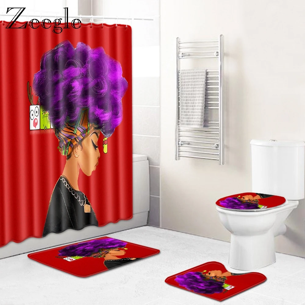 Zeegle Shower Curtain Anti-slip 4pcs Bathroom Mat Set Soft Toilet Cover Seat Mat Absorbent Toilet Pedestal Rug Bathroom Doormat