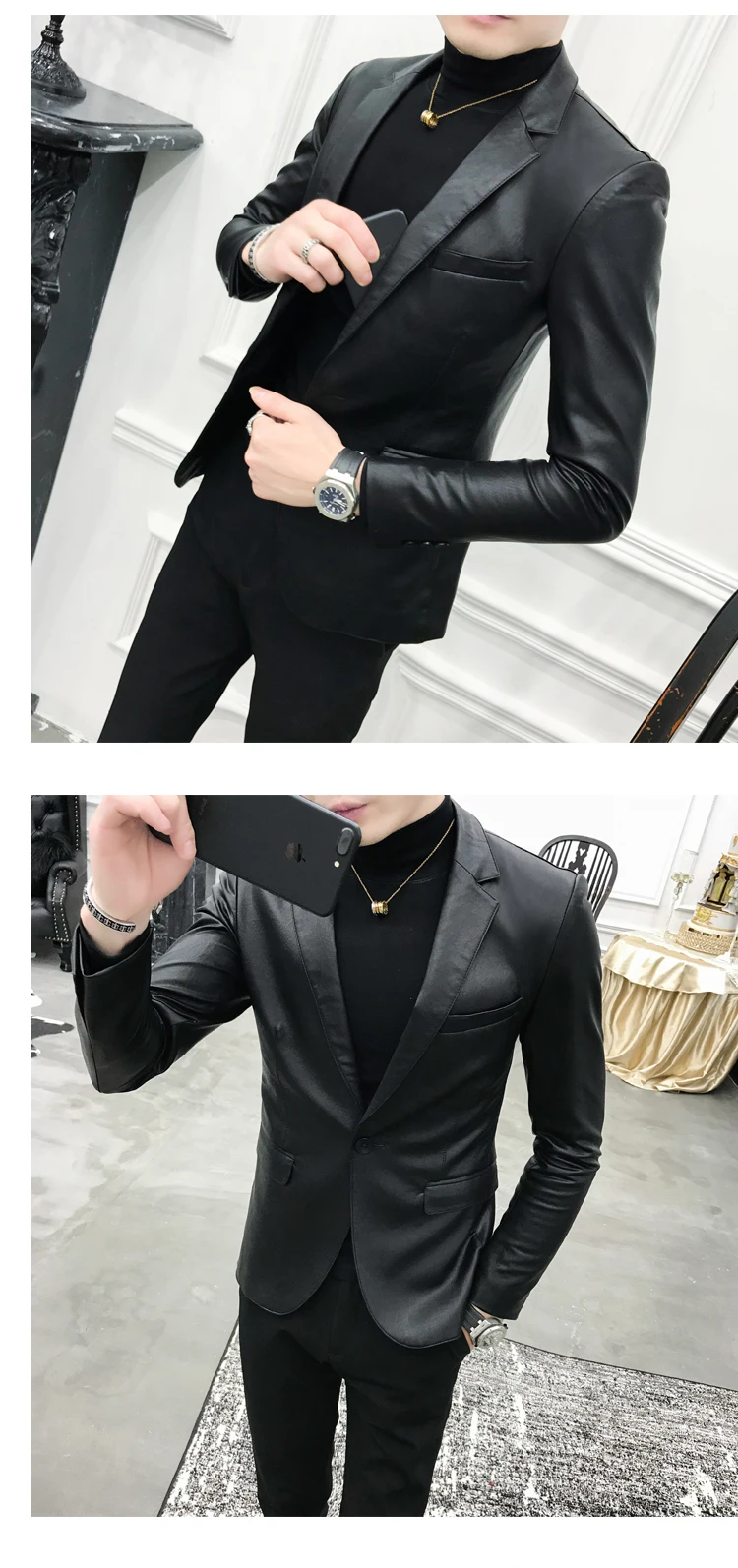 One Button PU Blazer Men Slim Fit Blazer Masculino Black Mens Blazer Para Hombre Vintage Prom Blazers For Men
