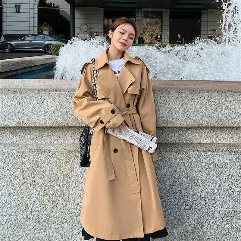 

Spring Mid-length Over knee Khaki Double breasted Trench with belt Women Autumn New Plus size Casual Windbreaker Casaco feminino