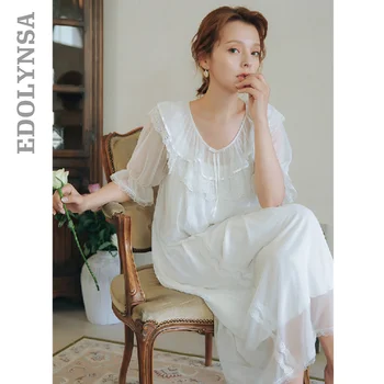 

2020 Summer Sleepwear Vintage White Lace Nightgown Plus Size Women Home Wear Night Dress For Wedding Nightwear Lingerie T819