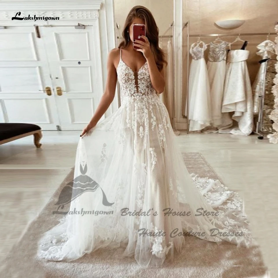 second hand wedding dresses Lakshmigown Vintage Lace Boho Wedding Dress Spaghetti Straps 2022 V neck Sexy Tulle Bridal Open Back Wedding Gowns Vestido Novia simple wedding dresses