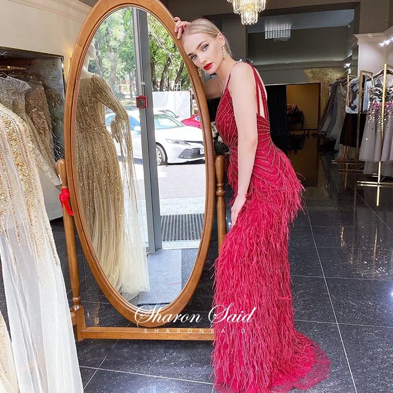 Luxury Gown Beaded Floor Length Feathers Evening Dress JKP4836
