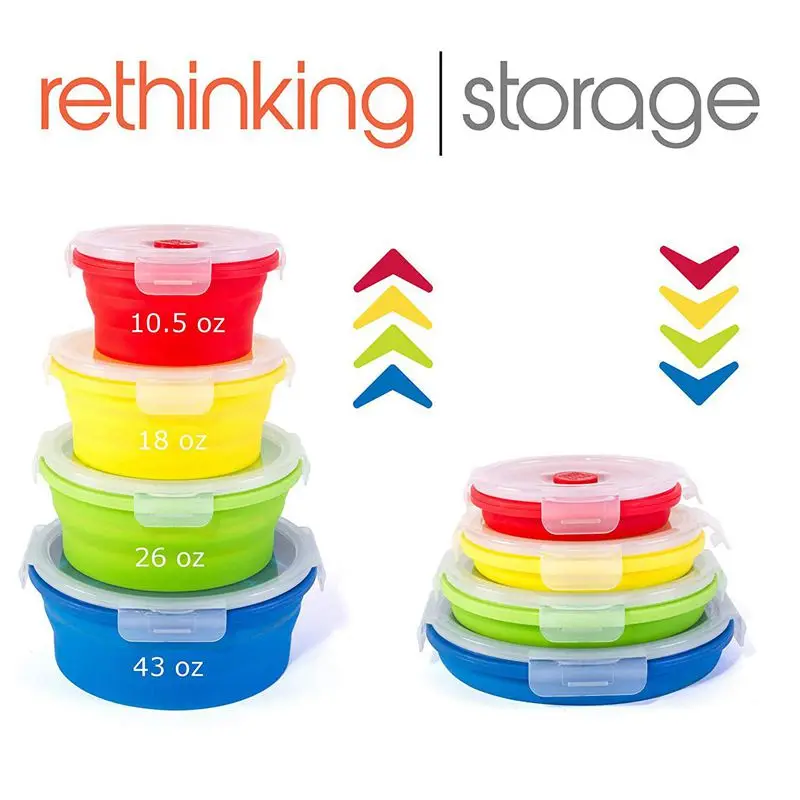 Hot Thin Bins Collapsible Containers-Set of 4 Silicone Food Storage Containers- BPA Free, Microwave, Dishwasher and Freezer Saf