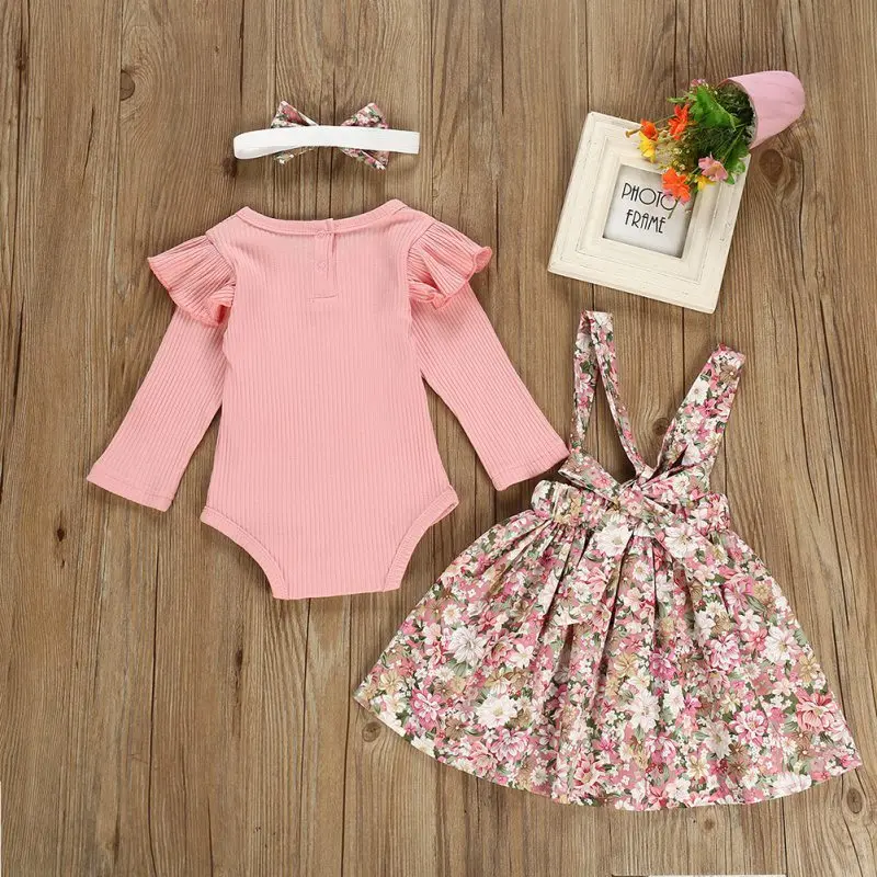 

Baby Girls Clothes Long Flare Sleeve Autumn Suits Romper Tops Floral Strap Skirt Headband 3 Pieces Children Outfits Set