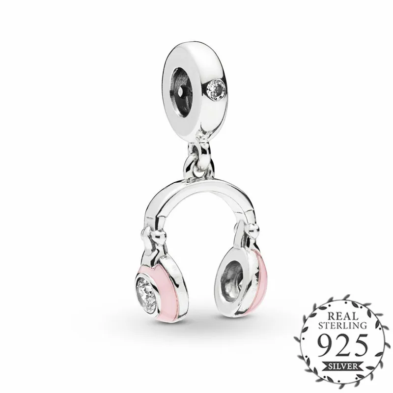 

Silver 2019 Spring Original Silver 925 Headphones Dangle Charm Fit Pandora Bracelets Pink Enamel Necklace Pendant DIY Jewelry