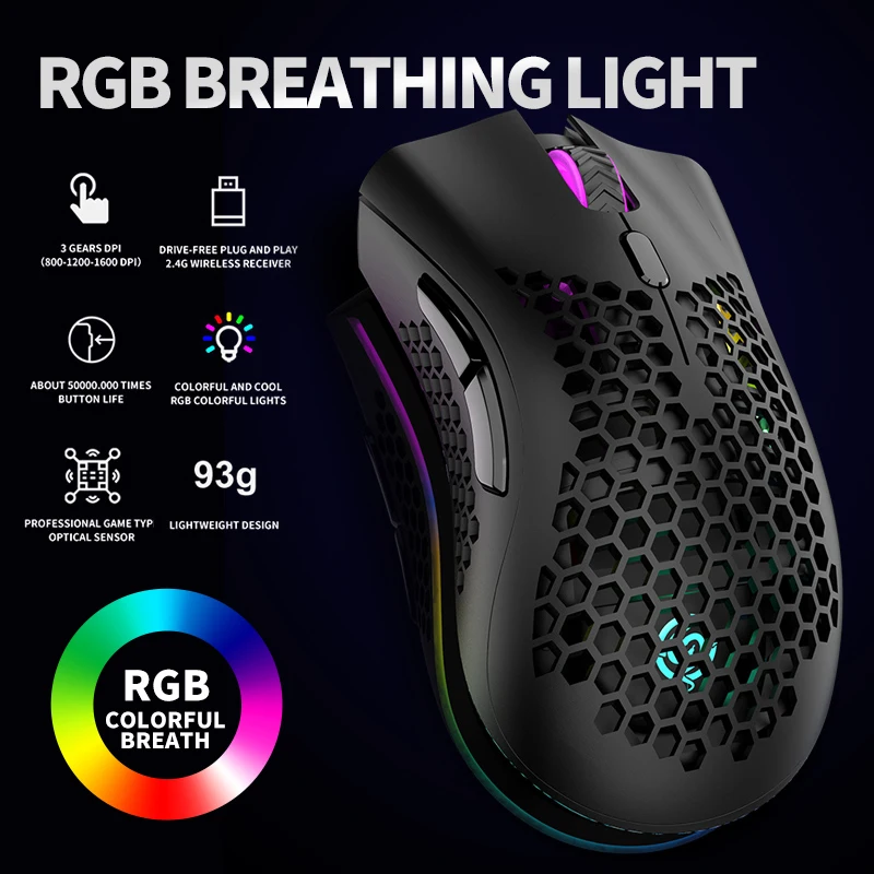 

BM600 2.4GHz Wireless Mouse 1600DPI USB Rechargeable Honeycomb RGB Optical Mouse For Laptop PC Dropshipping