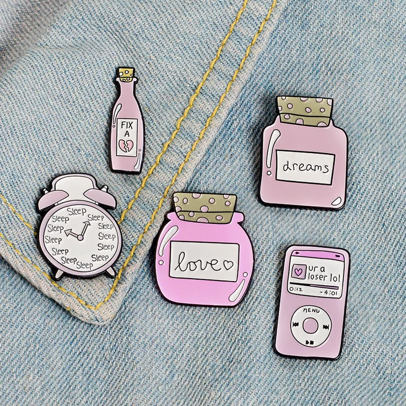 

Sweety Jewelry Gift for Girls Pink Collection Enamel Pins Sleep Clock Love Dream Bottle Brooches Denim Shirt Lapel Bag Cartoon