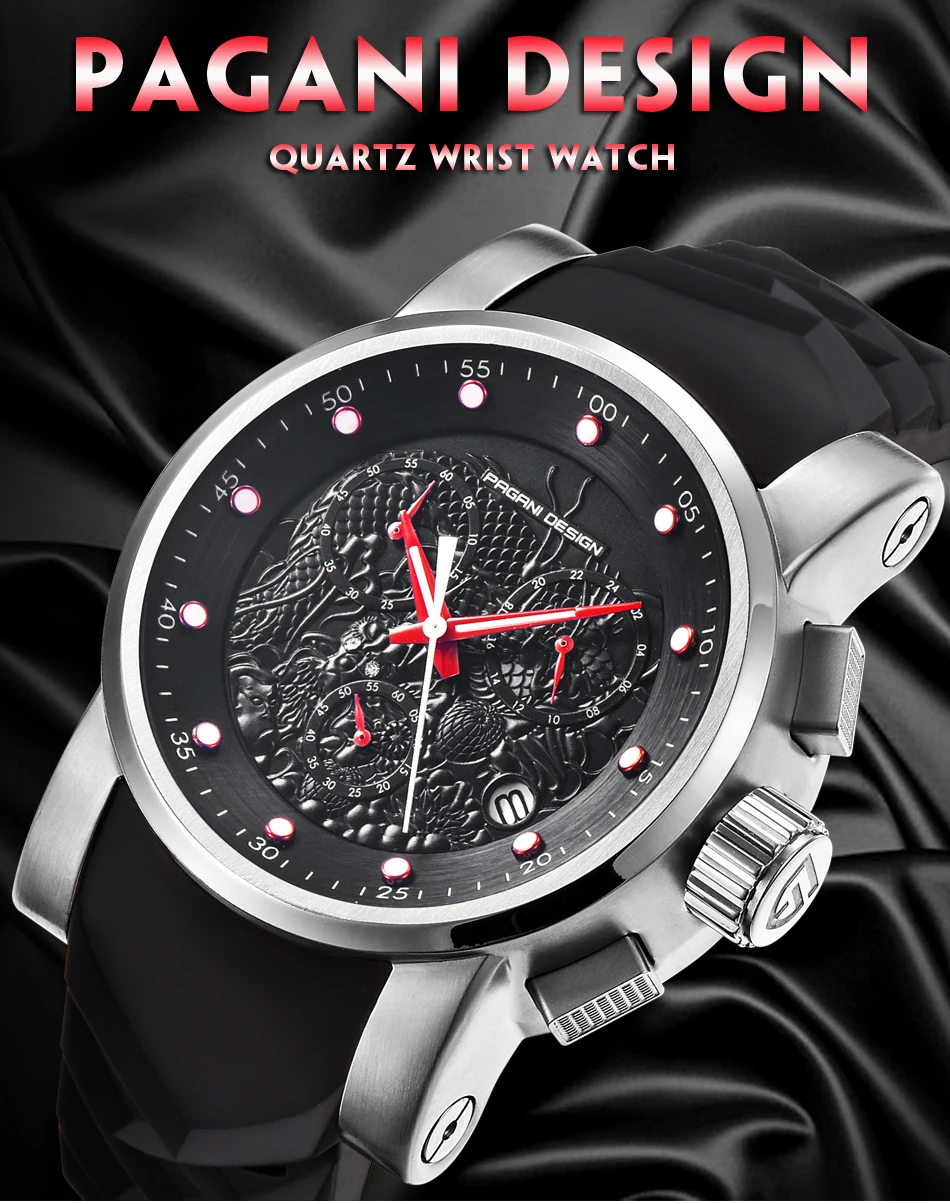 Top Brand Hot Men Quartz Watch PAGANI DESIGN Chinese Dragon Calendar Silicone Strap Multifunction Chronograph Waterproof Watch