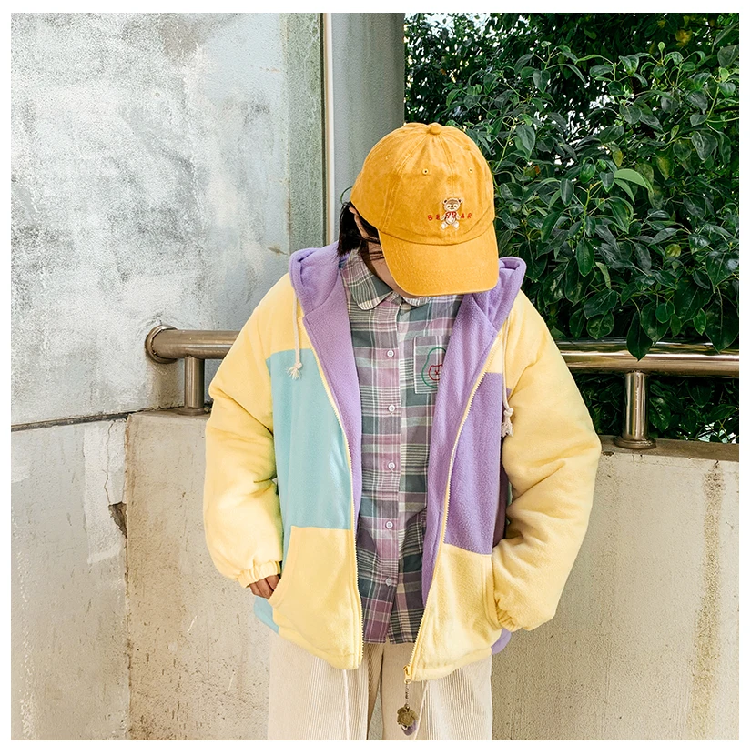 Winter New Preppy Style Macaron Color Stitching Sweet Women Winter Basic Jackets Thick Warm Flannel Outwear Coats Hooded
