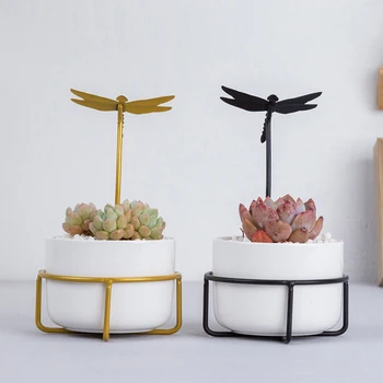 

2PCS Round Ceramic Flowerpot Dragonfly Iron Stand Base Set (Golden+Black)