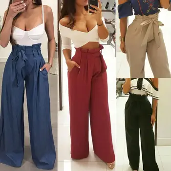 

2019 Autumn European Women Casual Solid Color High Waist Wide Leg Long Trousers Loose Stretchy Pants