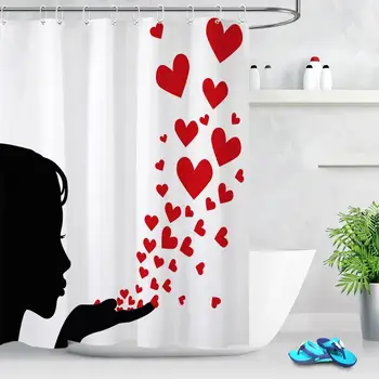 

Red Heart Black And White Shower Curtain Polyester Valentine's Day Bathroom Shower Curtain Home Decoration Screen With 12 Hooks