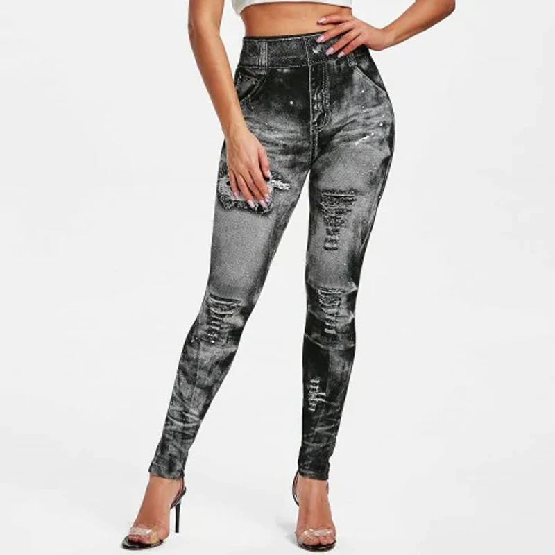 Sexy Faux Jeans Leggings Women Stretch Printed Short Leggins Plus Size Calf-Length Pants Summer Breeches High Waist Jeggings fishnet leggings