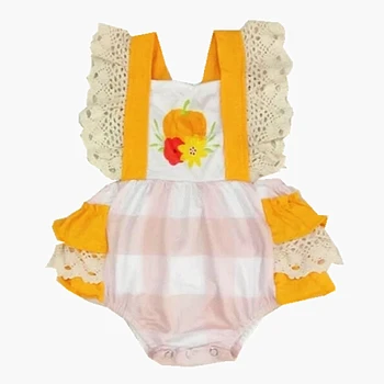 

Summer Autumn toddle romper with pumpkin print and lace ruffles