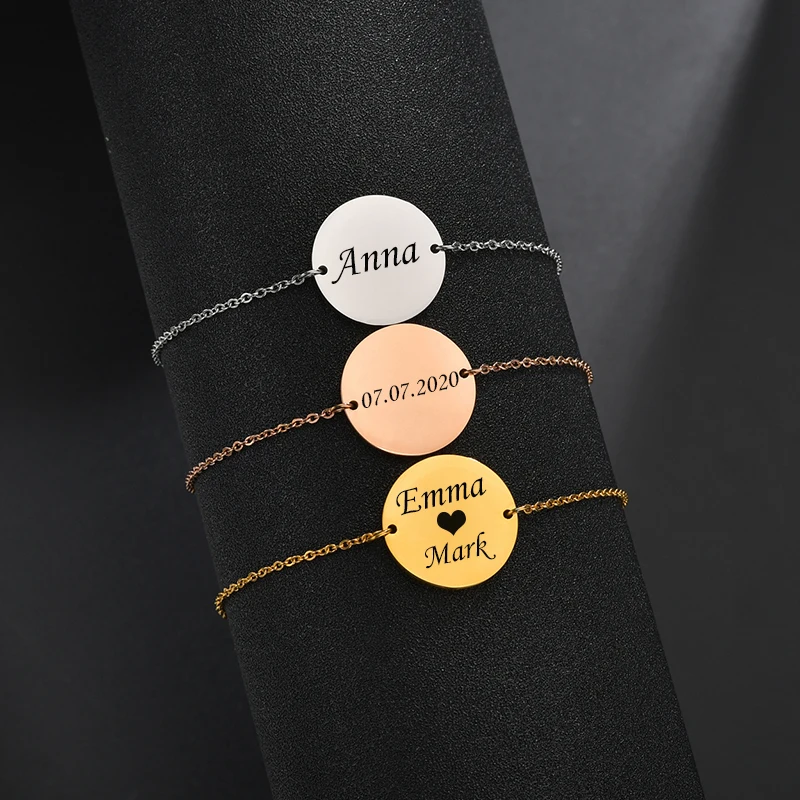 Auxauxme Engraved Photo Date Name Necklace Stainless Steel Custom Women Bracelet for Girlfriend Kids Lover Family Jewelry Set