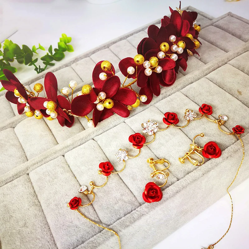 Красные лепестки корона тиара золотой цвет цветок ожерелье серьги Ювелирные наборы Свадебные помолвки Bijoux подарки Parure ювелирные изделия