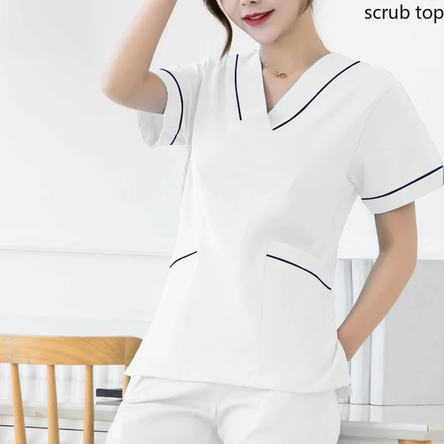 Women Scrub Top Plug Size Medical Uniforms V-Neck Spa Uniforms Short Sleeve Nursing Workwear Doctor Overalls Veterinary Cotton WHITE TOP