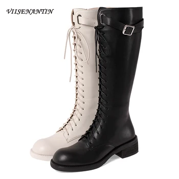 

Korean White Long Knight Boots Women Autumn Winter British New Round Toe Thick Heel Lace Up Belt Breathable Black Leather Shoes