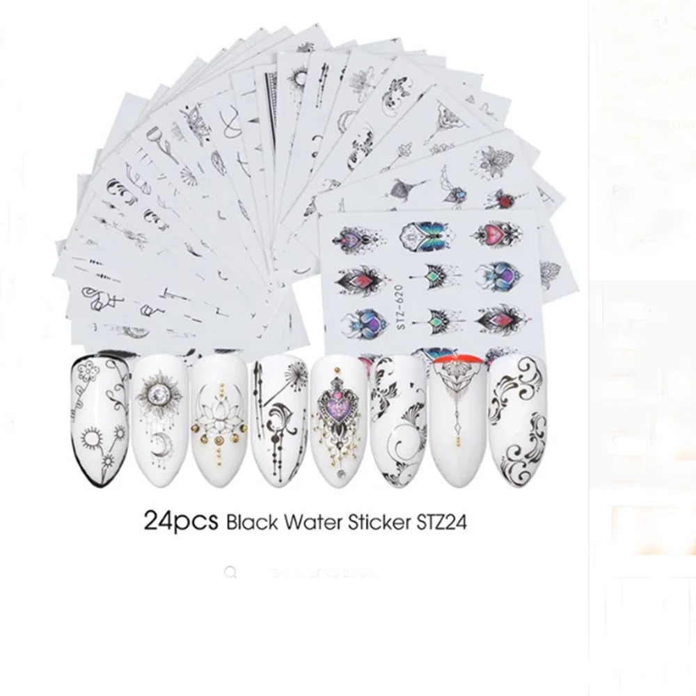 STZ24 Black Set 24 шт. акварельные цветочные наклейки для ногтей набор Фламинго морская лошадь красивый дизайн гель маникюр декор водная ползунок - Цвет: STZ24 Black Set