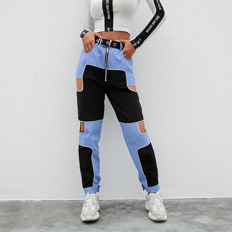JIEZuoFang Women Harajuku Streetwear High Waist Zipper Harem Pants Hollow Out Patchwork Pants Summer Fashion Joggers Sweatpants