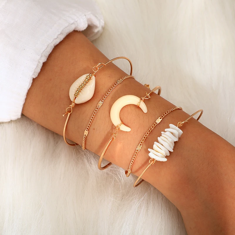 

Docona Punk Boho White Stone Seashell Moon Beaded Bracelet Set for Women Gold color Multi Layer Bangle Party Jewelry C18106