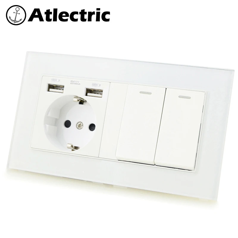 

Atlectric DE EU RU Plug Power Double Socket Dual USB Charging Port 1 2 3 4 Gang Light Switch Electrical PC Outlet 146mm*86mm