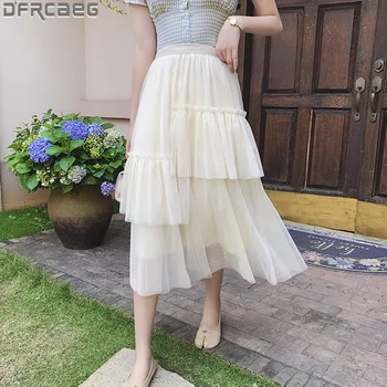 

High Waist Summer Skirts Womens 2020 New Elastic Waist Layer Tulle Skirt Women Long Pleated Mesh Tutu Skirts Female Jupe Longue