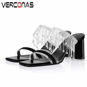 

VERCONAS 2020 Sexy Woman Sandals Woman Pumps Classic Design Summer Crystal Decoration Square Toe Round High Heeled Shoes Woman