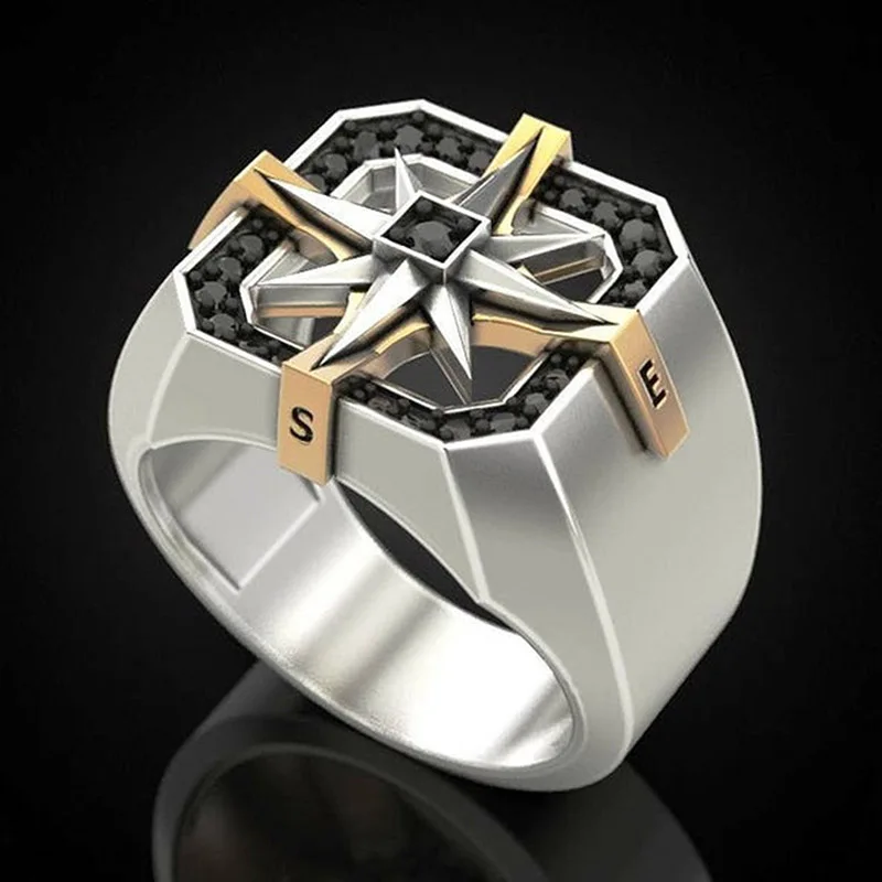 Retro Viking Style Nautical Compass Seal Ring Male Yellow Gold Two-Color Stainless Steel Rings Fashion Vintage Jewelry for Men | Украшения