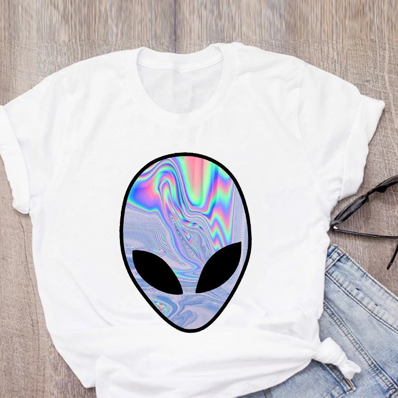 Women Graphic Cartoon Alien Rainbow Color Ladies Summer Print T-Shirt Shirt Tops Lady Clothes Womens Clothing Tee Female T | Женская