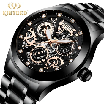 

KINYUED Mens Automatic Mechanical Watches Skeleton Stainless Steel Fashion Watch Men Black Waterproof reloj hombre automatico