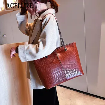 

ACELURE Solid Color Alligator PU Leather Casual Tote for Women Soft Large Metal Chain Shoulder Crossbody Bag Ladies Shopping Bag