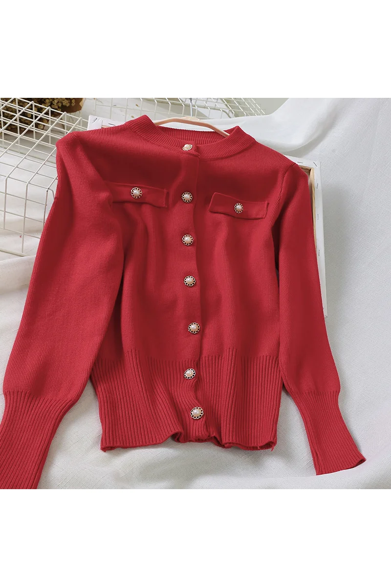 Новинка 7734, прямой кардиган, тонкий свитер, женский короткий вязаный жакет, однорядный, с пряжкой, женская зимняя одежда для женщин