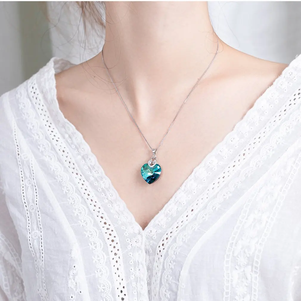 Premium Design Classic Ocean Heart Design Female Jewelry Blue Crystal Pendant S925 Sterling Shining Necklace