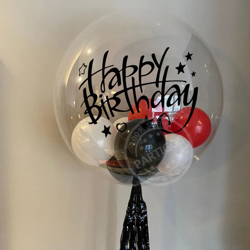 

14pcs/set 18inch Transparent Bubble Balloons Helium Clear Bobo Globos Happy Birthday Stickers DIY Red Black Event Party Decor