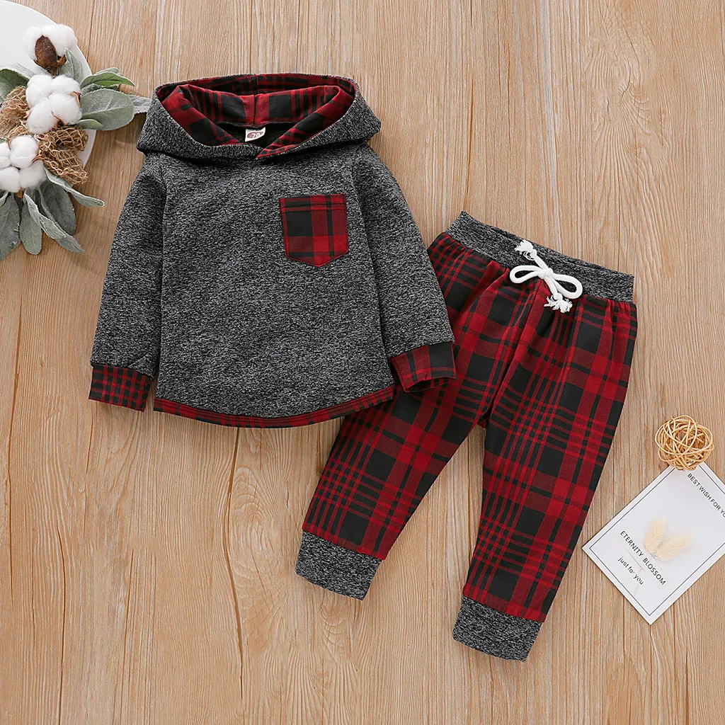 Детский клетчатый пуловер с капюшоном для маленьких мальчиков и девочек; комплект одежды из топа и штанов; зимняя одежда; Рождественский наряд для детей; Новинка