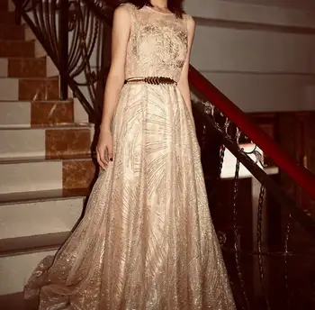 

Elegant Champagne Formal Prom Dresses Sleeveless Tulle Lace Sequines Fashion Evening Dress A-Line Long Wedding Party Guest Dress