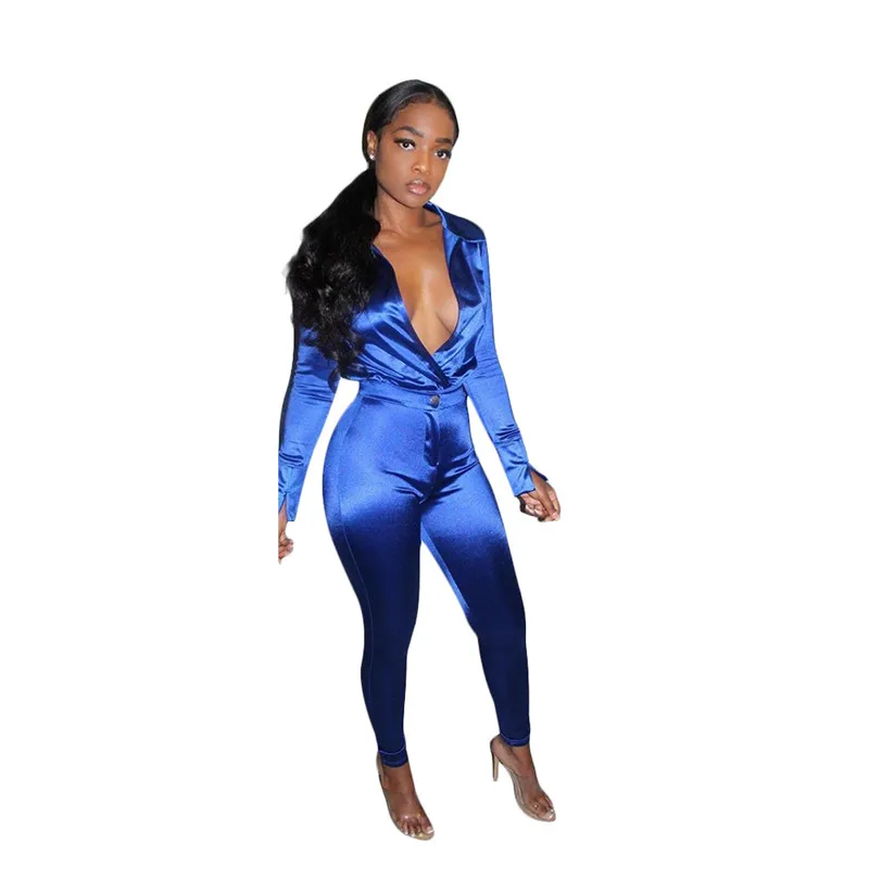 Adogirl Solid Office Lady Two Piece Set Sexy Deep V Neck Long Sleeve Shirt Top Pencil Pants Business Suit Women Fashion Clothing